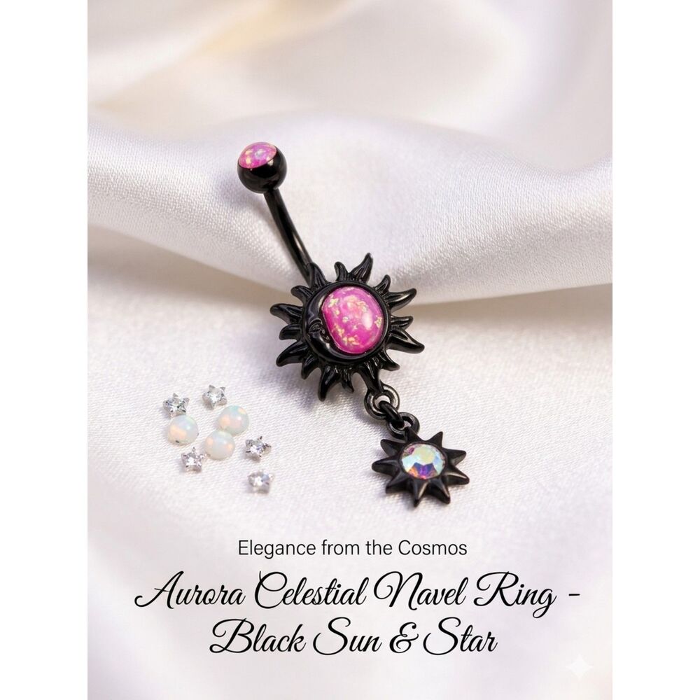 Black Celestial Sun and Star Dangle Belly Button Ring